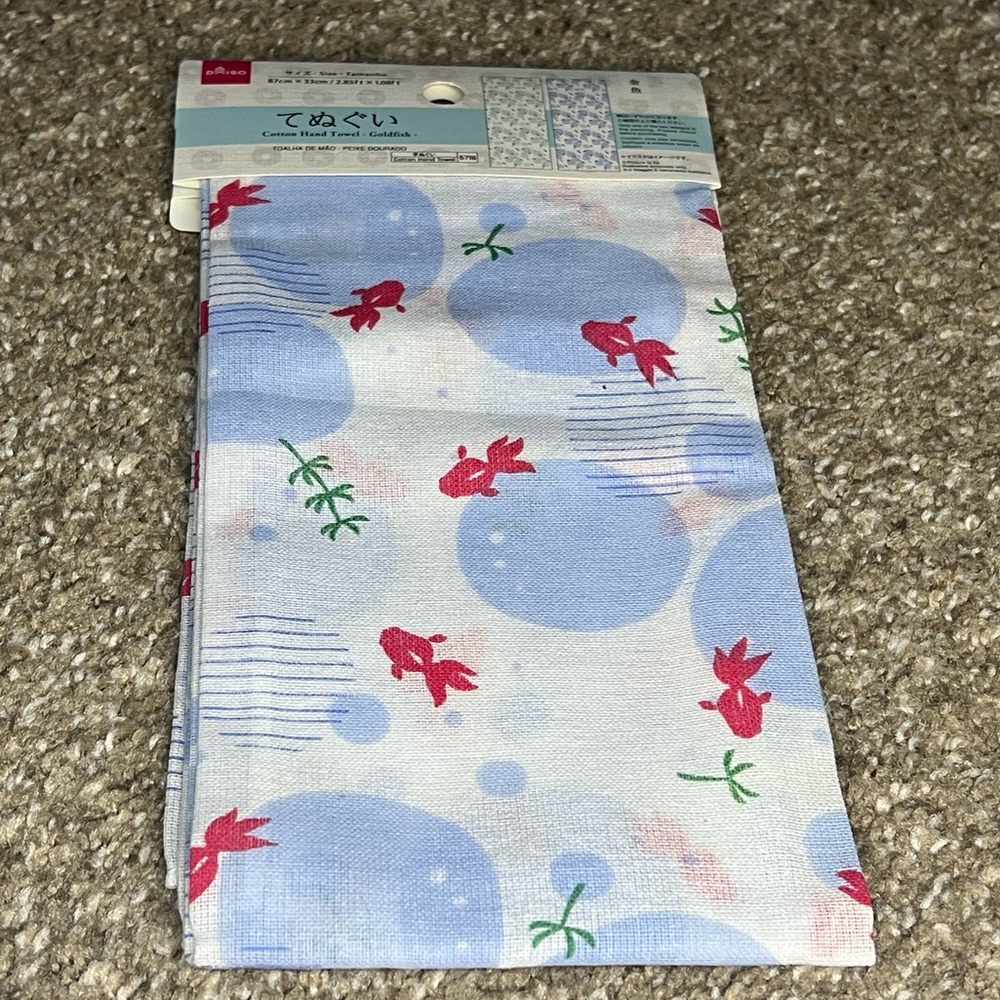 Tenugui Cotton Hand Towel Goldfish Bubble Pattern Blue White Traditional Japan